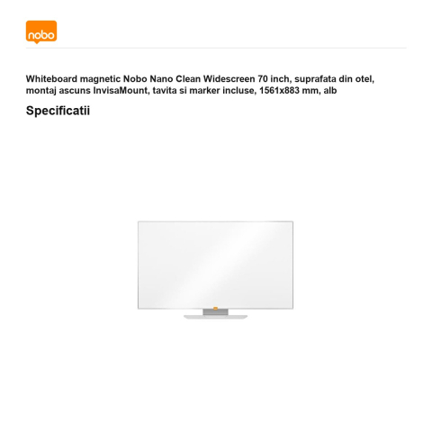 Whiteboard magnetic Nobo Nano Clean Widescreen 70 inch, suprafata din otel, montaj ascuns InvisaMount, tavita si marker incluse, 1561x883 mm, alb [2]