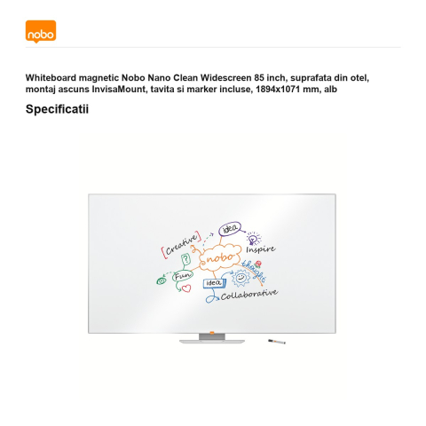 Whiteboard magnetic Nobo Nano Clean Widescreen 85 inch, suprafata din otel, montaj ascuns InvisaMount, tavita si marker incluse, 1894x1071 mm, alb [2]
