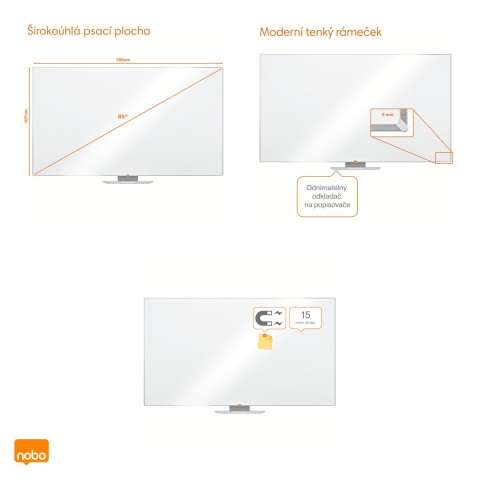 Whiteboard magnetic Nobo Nano Clean Widescreen 85 inch, suprafata din otel, montaj ascuns InvisaMount, tavita si marker incluse, 1894x1071 mm, alb [3]
