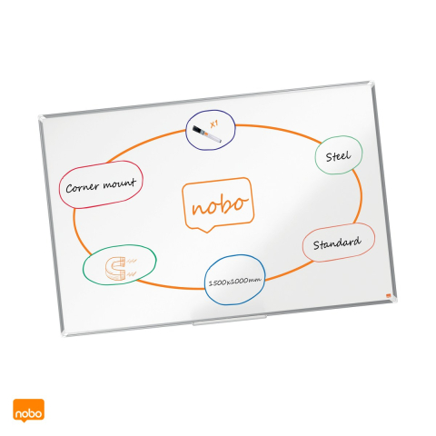 Table de conferinta - Whiteboard magnetic Nobo Premium Plus, otel lacuit, rama din aluminiu, montare prin colturi, tavita si marker incluse, 100x150 cm, alb