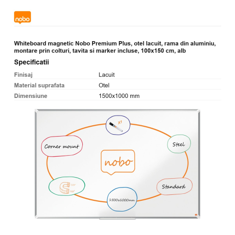 Whiteboard magnetic Nobo Premium Plus, otel lacuit, rama din aluminiu, montare prin colturi, tavita si marker incluse, 100x150 cm, alb [2]