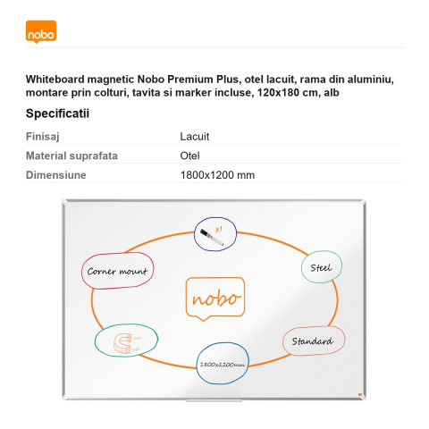 Whiteboard magnetic Nobo Premium Plus, otel lacuit, rama din aluminiu, montare prin colturi, tavita si marker incluse, 120x180 cm, alb [2]