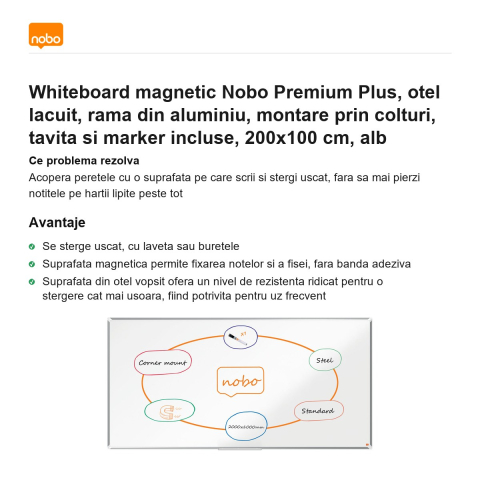 Whiteboard magnetic Nobo Premium Plus, otel lacuit, rama din aluminiu, montare prin colturi, tavita si marker incluse, 200x100 cm, alb [1]