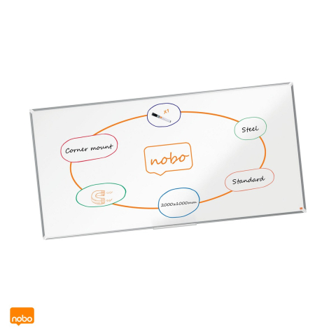 Table de conferinta - Whiteboard magnetic Nobo Premium Plus, otel lacuit, rama din aluminiu, montare prin colturi, tavita si marker incluse, 200x100 cm, alb