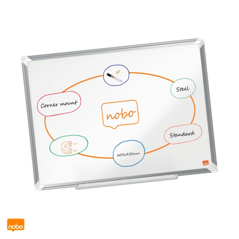 Table de conferinta - Whiteboard magnetic Nobo Premium Plus, otel lacuit, rama din aluminiu, montare prin colturi, tavita si marker incluse, 45x60 cm, alb