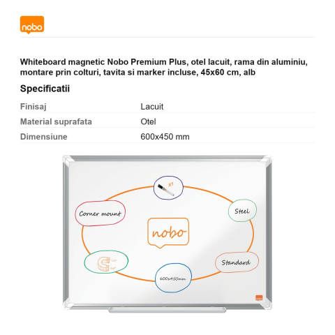 Whiteboard magnetic Nobo Premium Plus, otel lacuit, rama din aluminiu, montare prin colturi, tavita si marker incluse, 45x60 cm, alb [2]