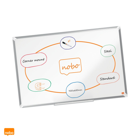 Table de conferinta - Whiteboard magnetic Nobo Premium Plus, otel lacuit, rama din aluminiu, montare prin colturi, tavita si marker incluse, 60x90 cm, alb
