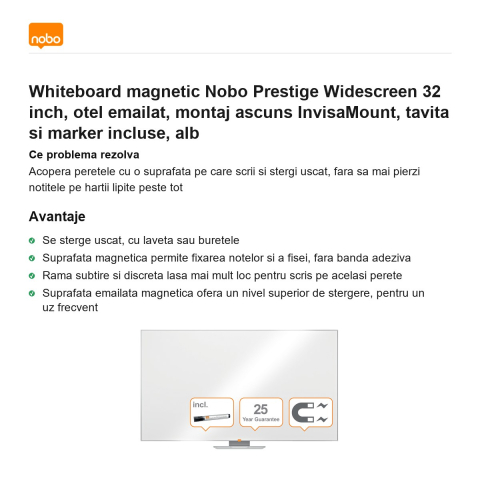 Whiteboard magnetic Nobo Prestige Widescreen 32 inch, otel emailat, montaj ascuns InvisaMount, tavita si marker incluse, alb [1]