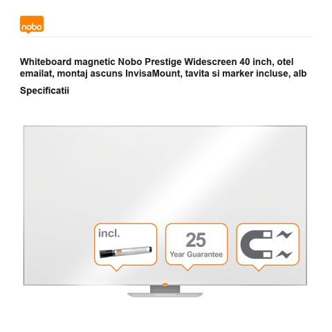 Whiteboard magnetic Nobo Prestige Widescreen 40 inch, otel emailat, montaj ascuns InvisaMount, tavita si marker incluse, alb [2]
