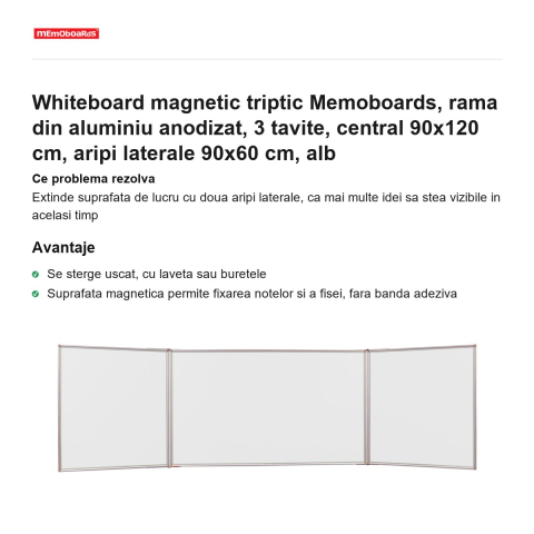 Whiteboard magnetic triptic Memoboards, rama din aluminiu anodizat, 3 tavite, central 90x120 cm, aripi laterale 90x60 cm, alb [1]