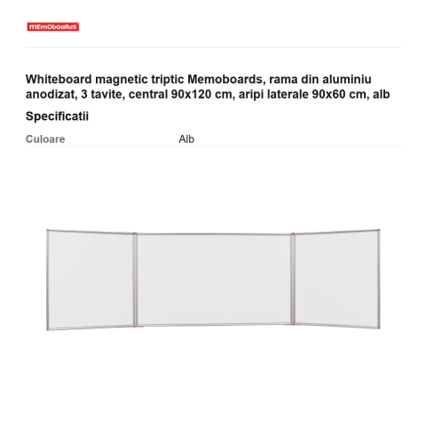 Whiteboard magnetic triptic Memoboards, rama din aluminiu anodizat, 3 tavite, central 90x120 cm, aripi laterale 90x60 cm, alb [2]