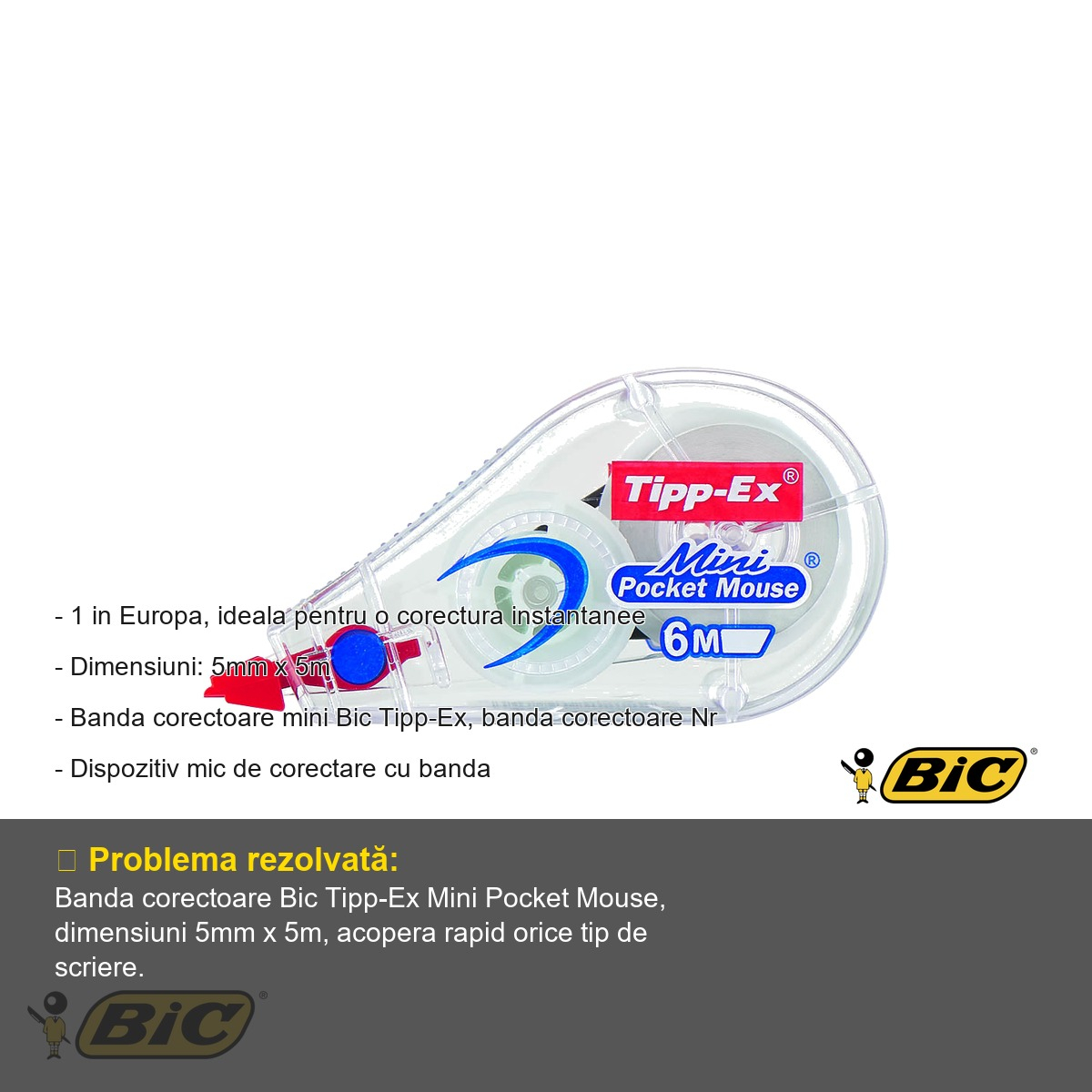 Banda corectoare Bic Tipp-Ex Mini Pocket Mouse, 5mm x 5m, compacta, pentru corectare rapida si curata [2]