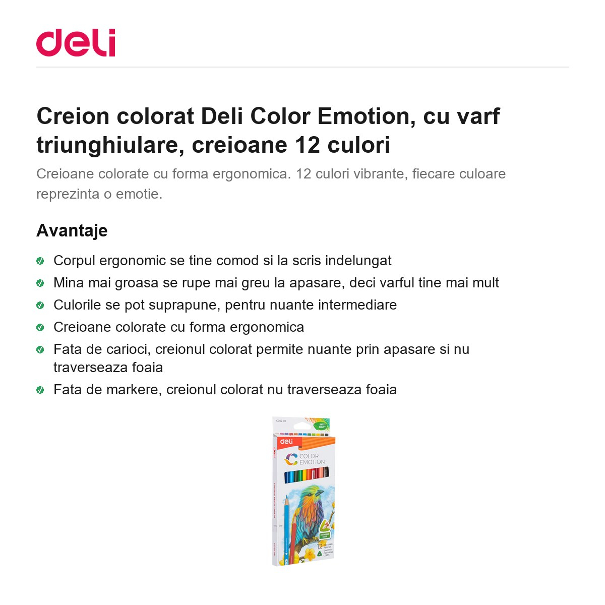 Creion colorat Deli Color Emotion, cu varf triunghiulare, creioane 12 culori [2]