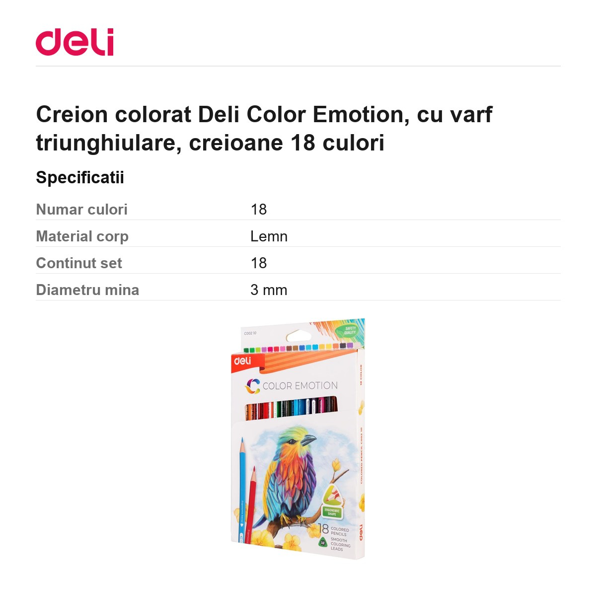 Creion colorat Deli Color Emotion, cu varf triunghiulare, creioane 18 culori [3]
