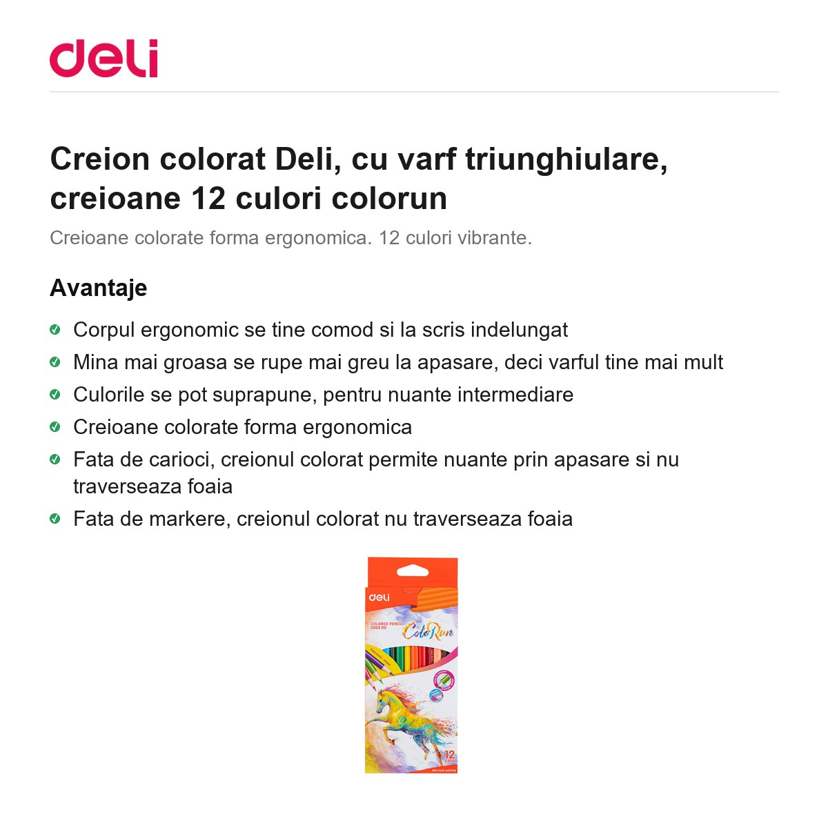 Creion colorat Deli, cu varf triunghiulare, creioane 12 culori colorun [2]
