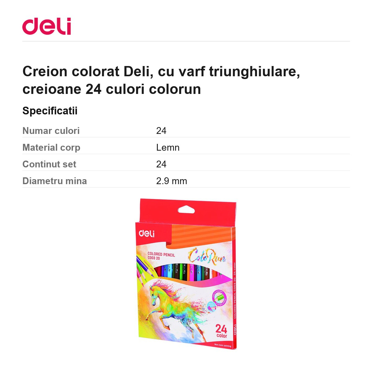 Creion colorat Deli, cu varf triunghiulare, creioane 24 culori colorun [3]