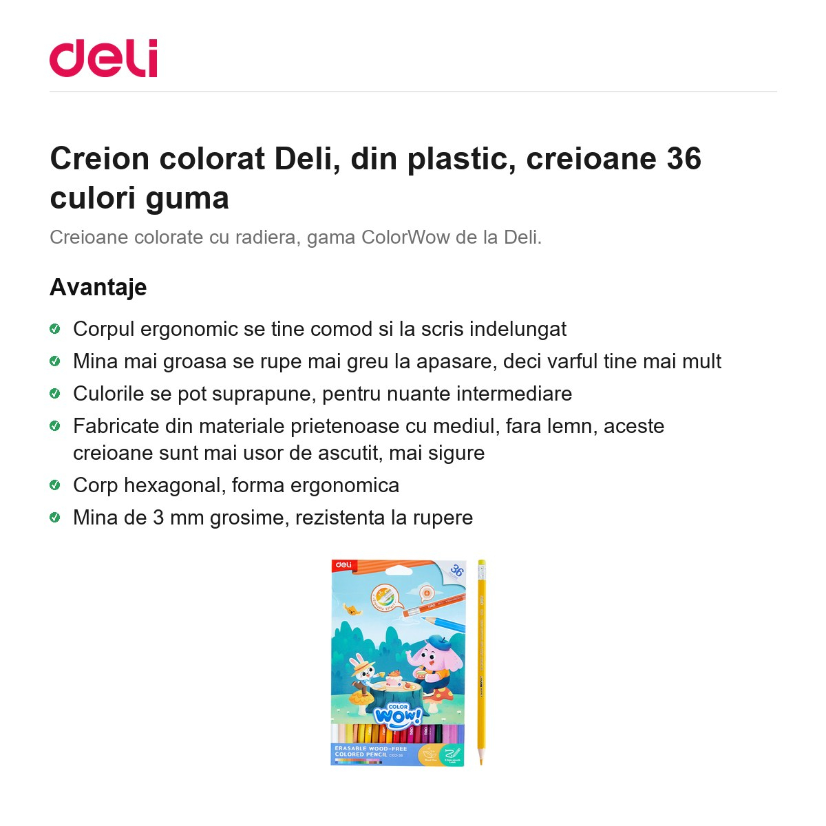 Creion colorat Deli, din plastic, creioane 36 culori guma [2]