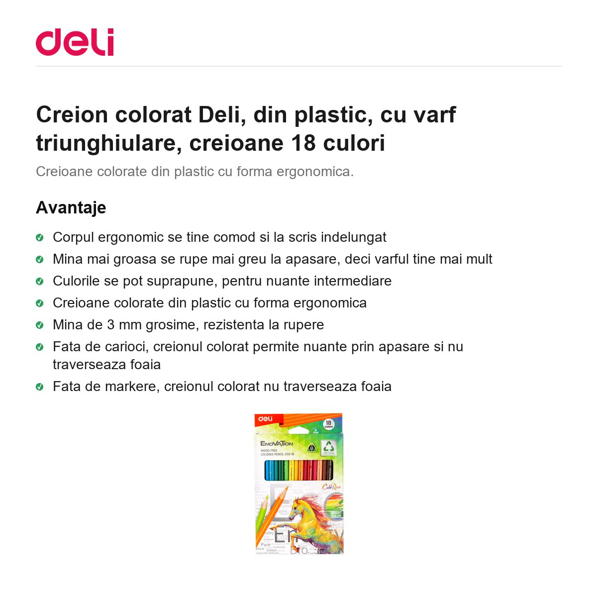 Creion colorat Deli, din plastic, cu varf triunghiulare, creioane 18 culori [2]