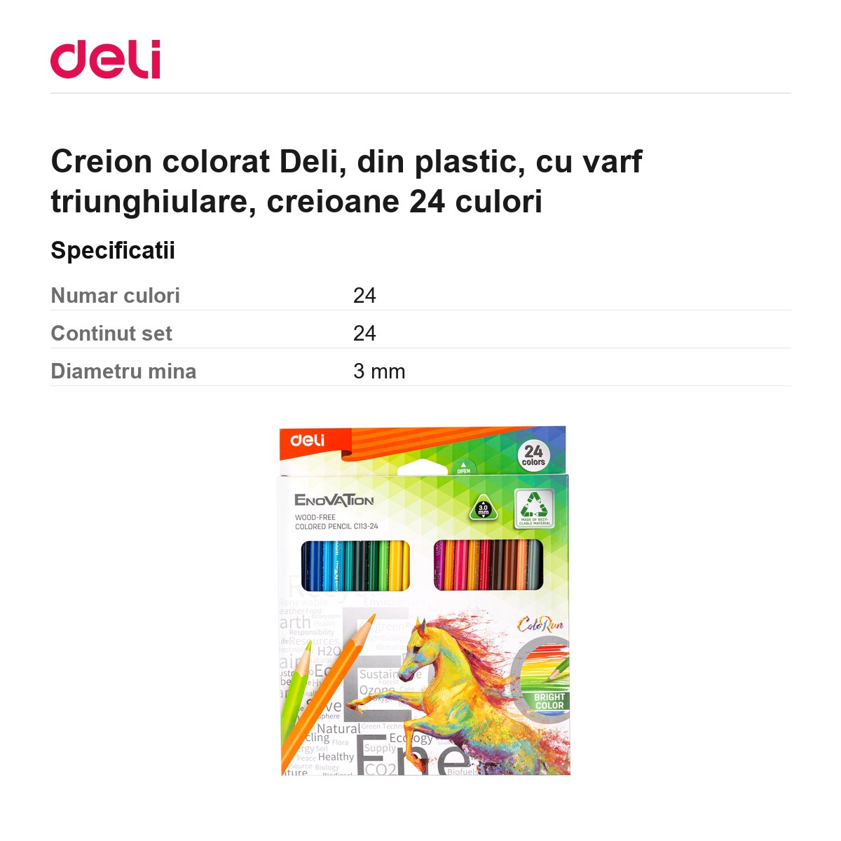 Creion colorat Deli, din plastic, cu varf triunghiulare, creioane 24 culori [3]