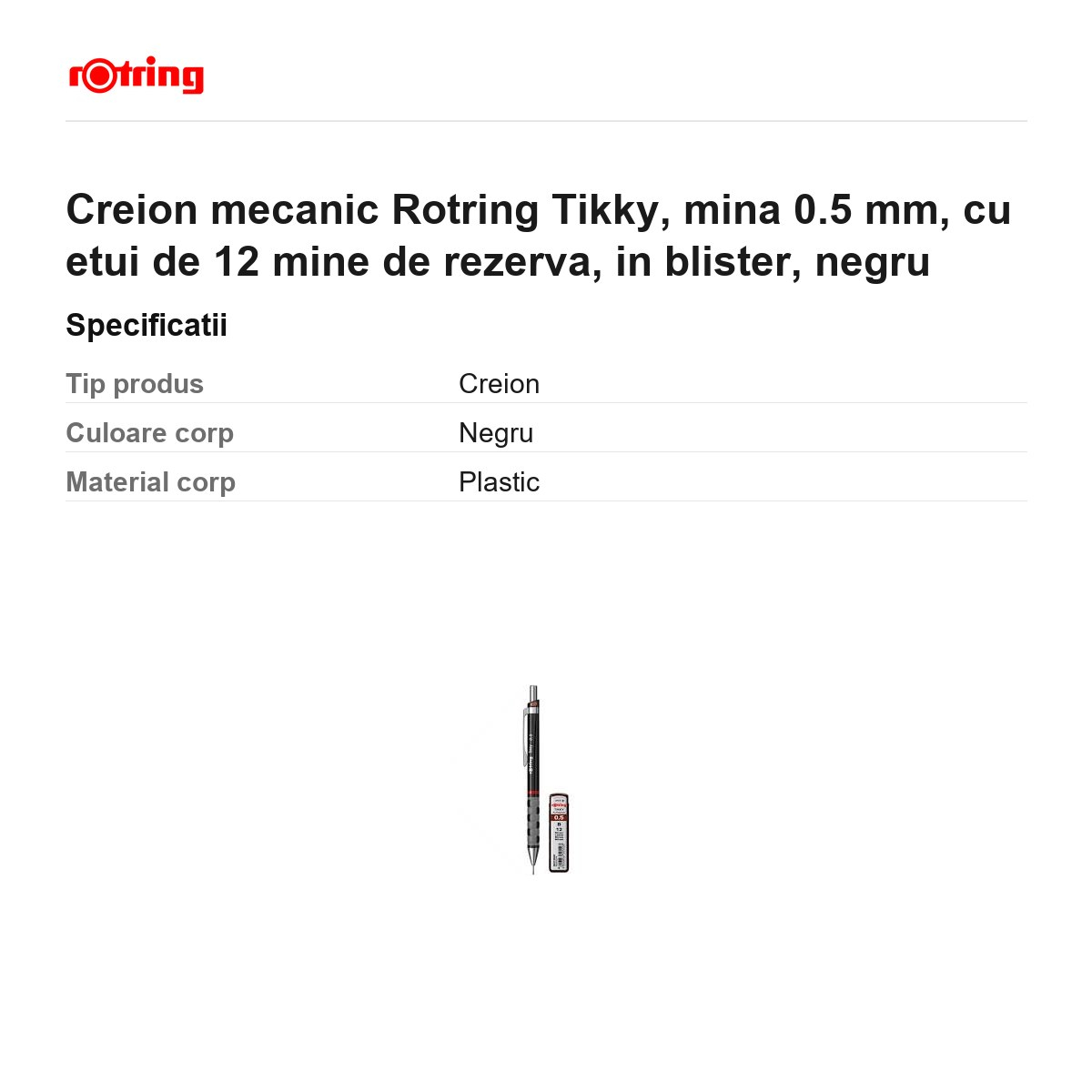 Creion mecanic Rotring Tikky, mina 0.5 mm, cu etui de 12 mine de rezerva, in blister, negru [3]