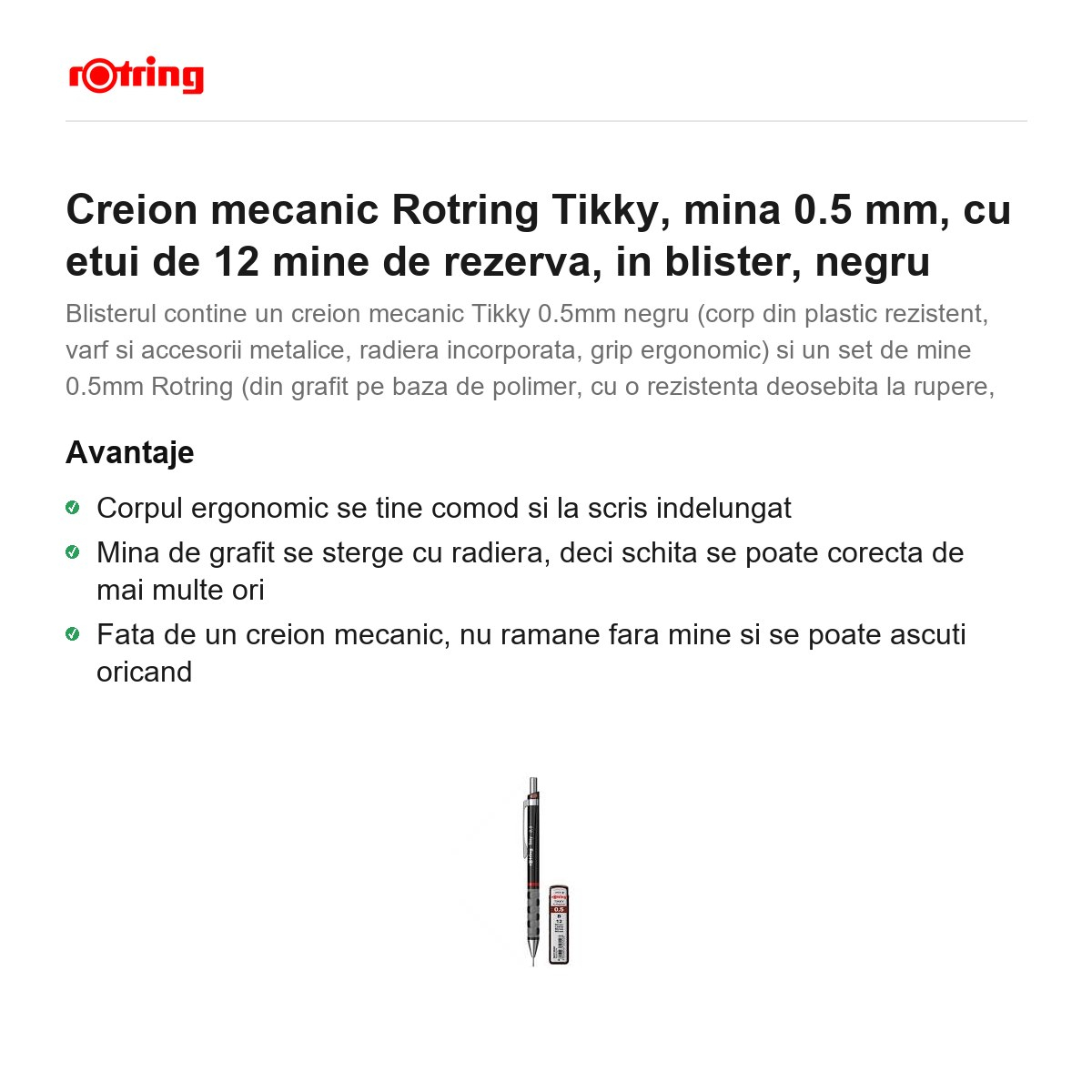 Creion mecanic Rotring Tikky, mina 0.5 mm, cu etui de 12 mine de rezerva, in blister, negru [2]