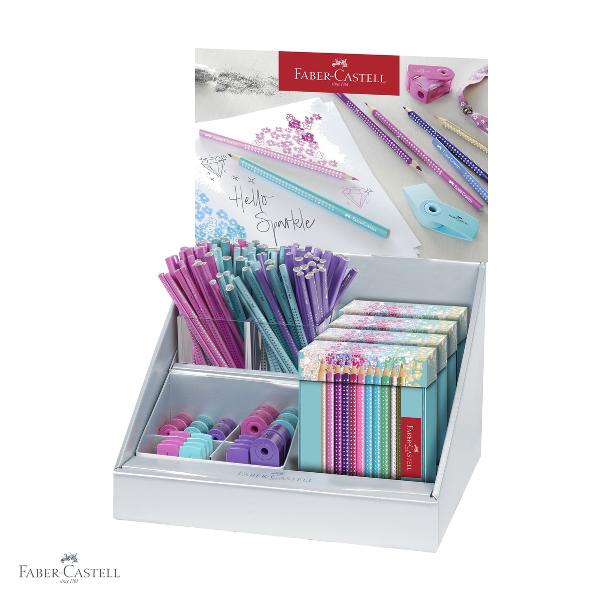 Display concept Faber-Castell Sparkle, creioane grafit si colorate cu sleeve, set expozitor pentru papetarie [1]
