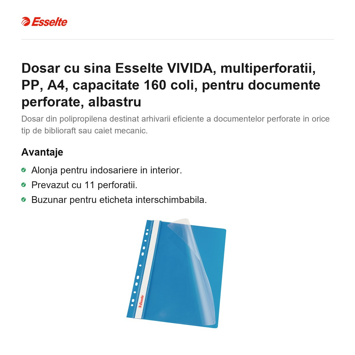 Dosar cu sina Esselte VIVIDA, multiperforatii, PP, A4, capacitate 160 coli, pentru documente perforate, albastru [2]