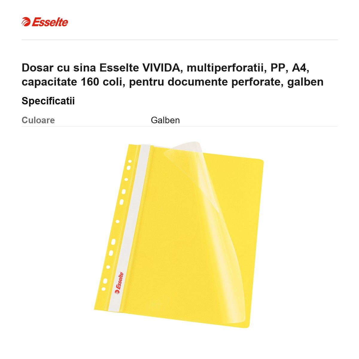 Dosar cu sina Esselte VIVIDA, multiperforatii, PP, A4, capacitate 160 coli, pentru documente perforate, galben [3]