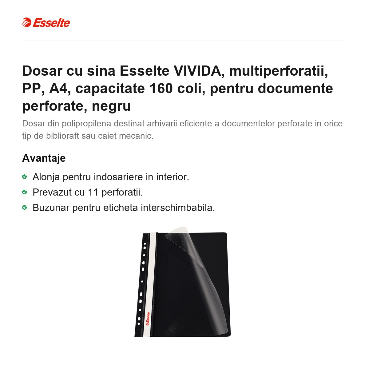 Dosar cu sina Esselte VIVIDA, multiperforatii, PP, A4, capacitate 160 coli, pentru documente perforate, negru [2]