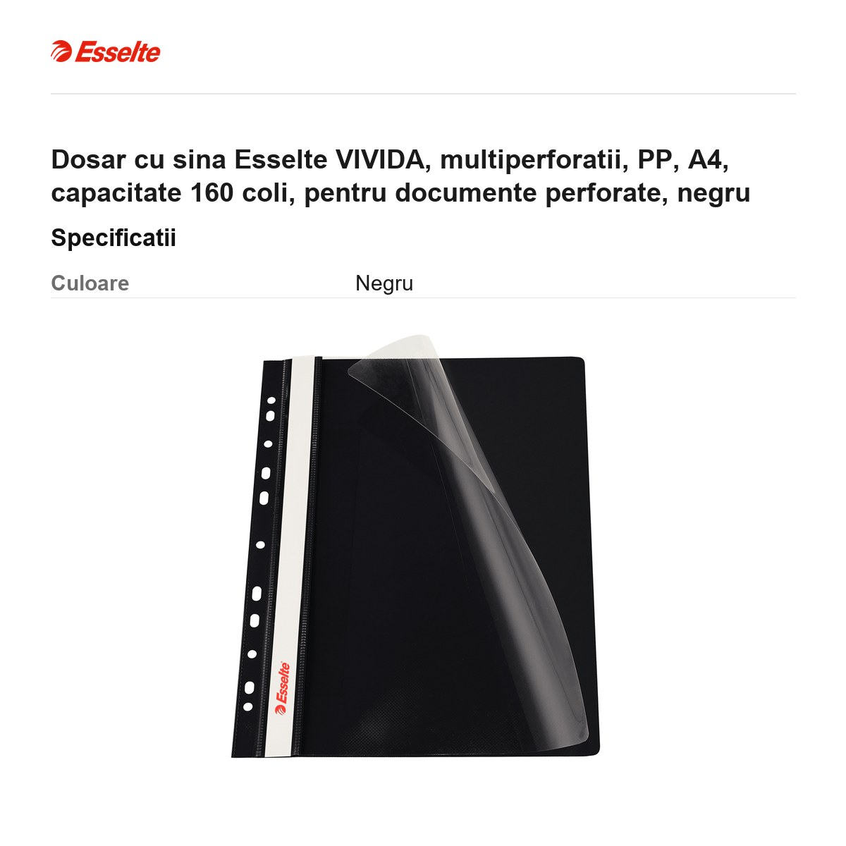 Dosar cu sina Esselte VIVIDA, multiperforatii, PP, A4, capacitate 160 coli, pentru documente perforate, negru [3]