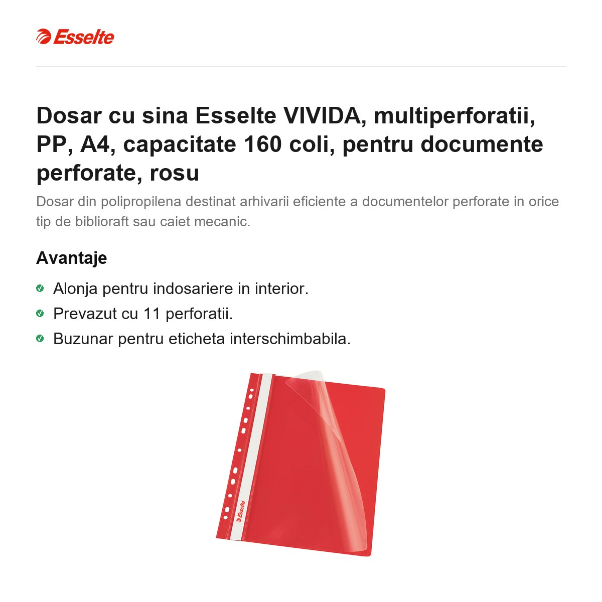 Dosar cu sina Esselte VIVIDA, multiperforatii, PP, A4, capacitate 160 coli, pentru documente perforate, rosu [2]