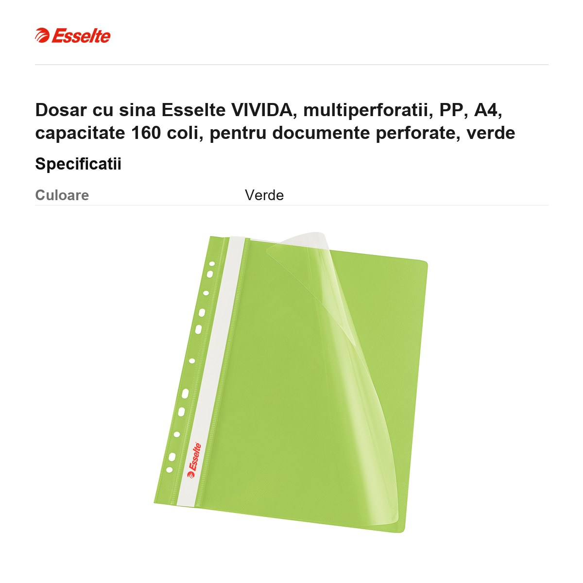 Dosar cu sina Esselte VIVIDA, multiperforatii, PP, A4, capacitate 160 coli, pentru documente perforate, verde [3]
