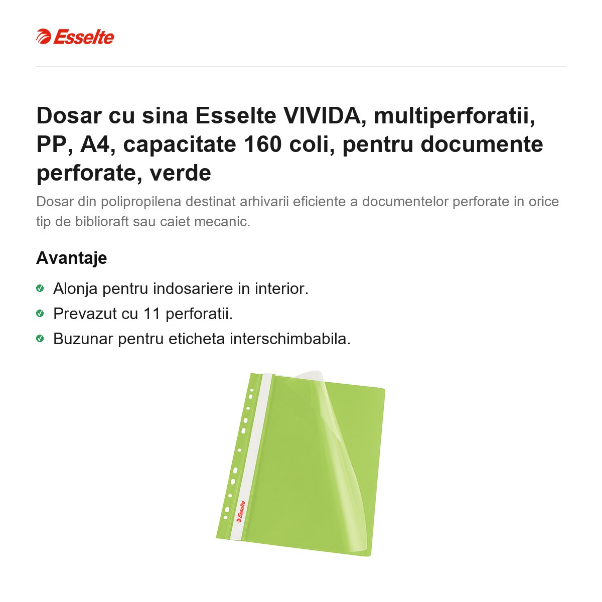 Dosar cu sina Esselte VIVIDA, multiperforatii, PP, A4, capacitate 160 coli, pentru documente perforate, verde [2]