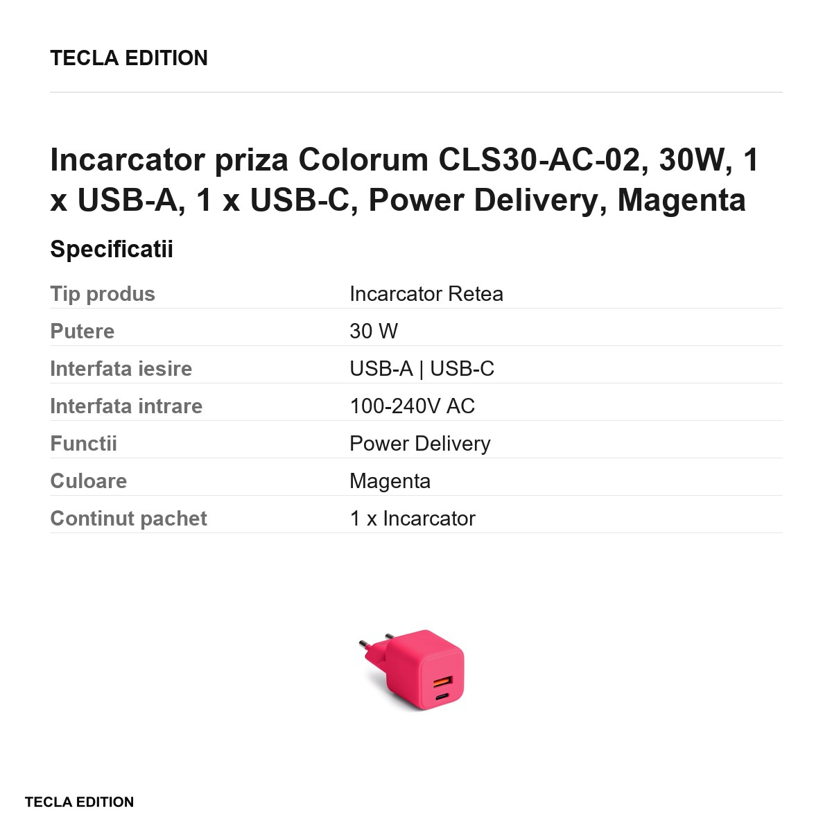 Incarcator priza Colorum CLS30-AC-02, 30W, 1 x USB-A, 1 x USB-C, Power Delivery, Magenta [3]
