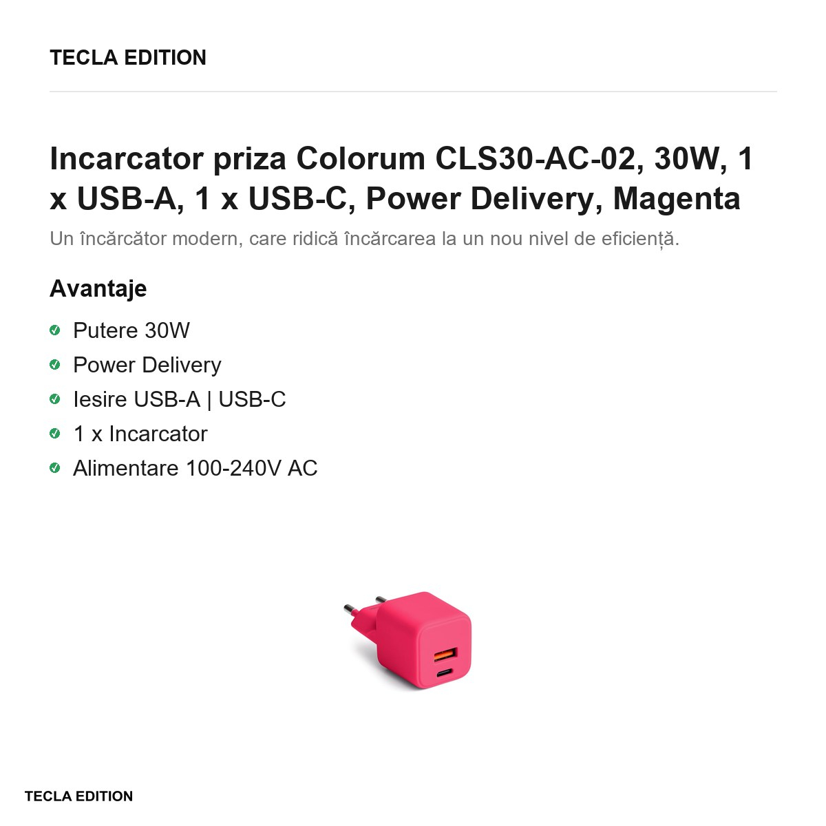 Incarcator priza Colorum CLS30-AC-02, 30W, 1 x USB-A, 1 x USB-C, Power Delivery, Magenta [2]