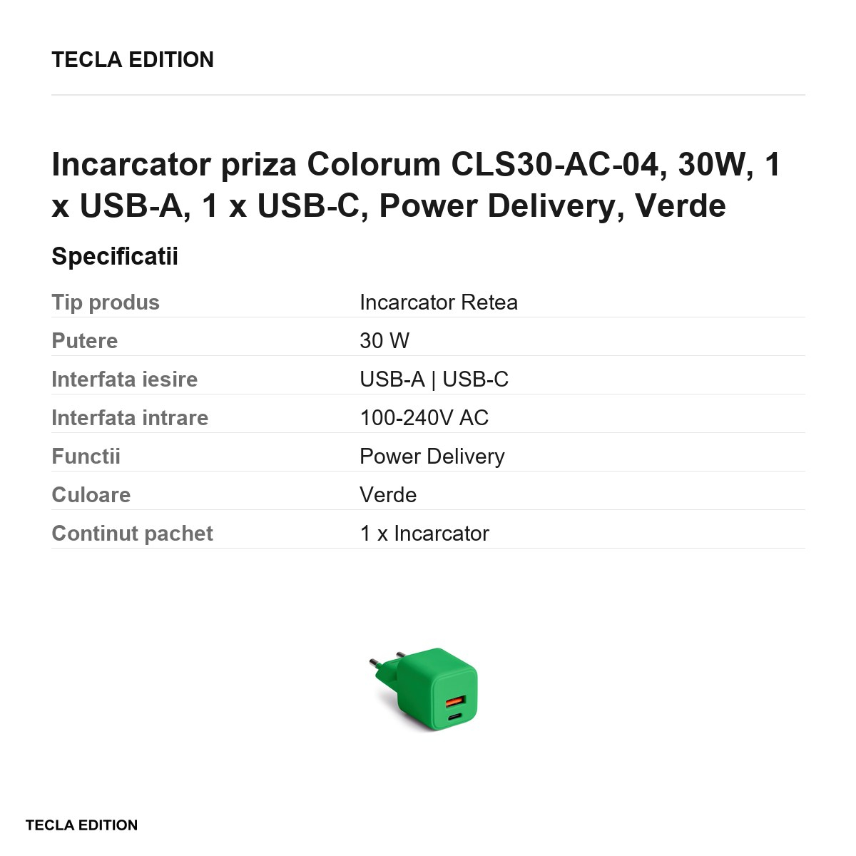 Incarcator priza Colorum CLS30-AC-04, 30W, 1 x USB-A, 1 x USB-C, Power Delivery, Verde [3]