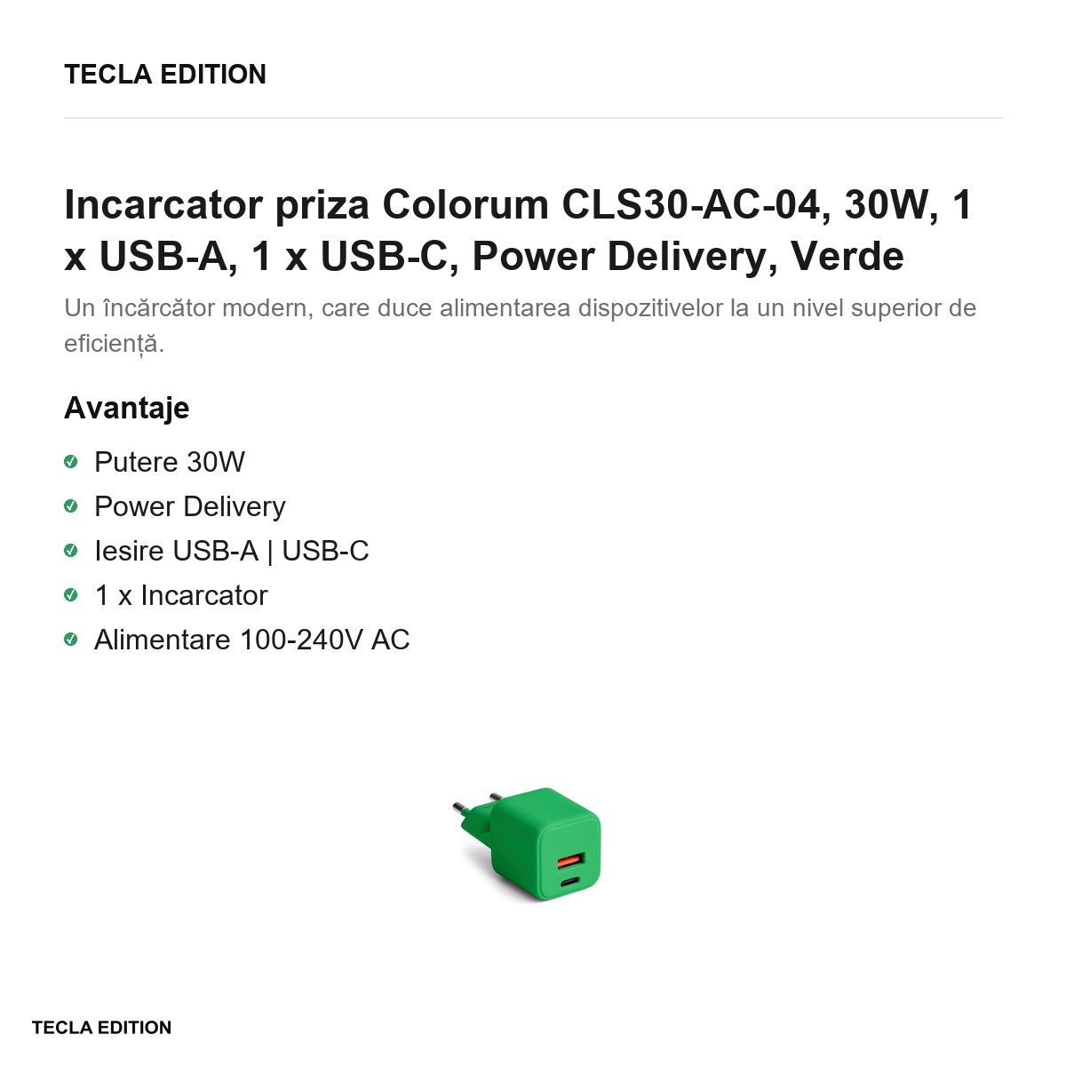 Incarcator priza Colorum CLS30-AC-04, 30W, 1 x USB-A, 1 x USB-C, Power Delivery, Verde [2]