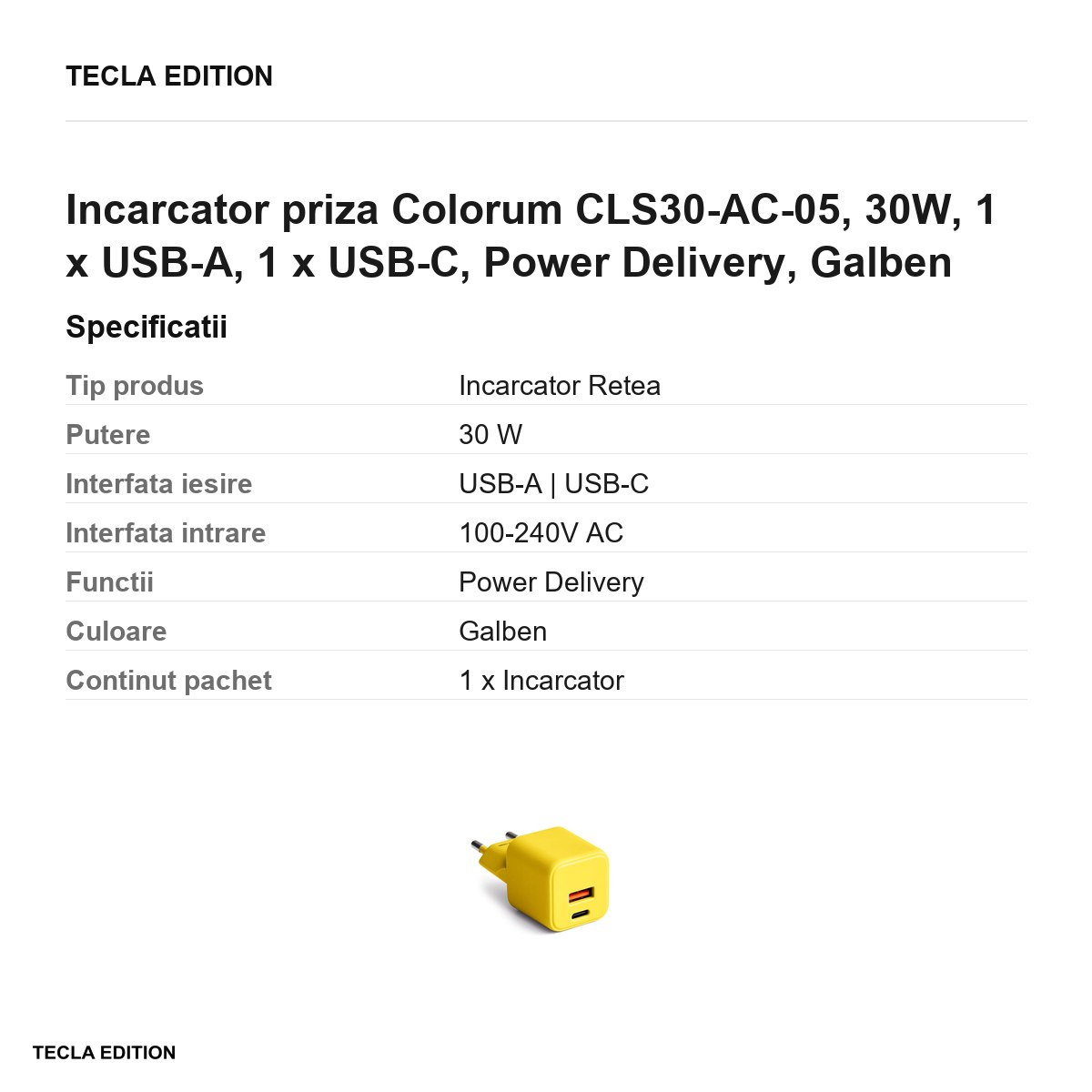 Incarcator priza Colorum CLS30-AC-05, 30W, 1 x USB-A, 1 x USB-C, Power Delivery, Galben [3]