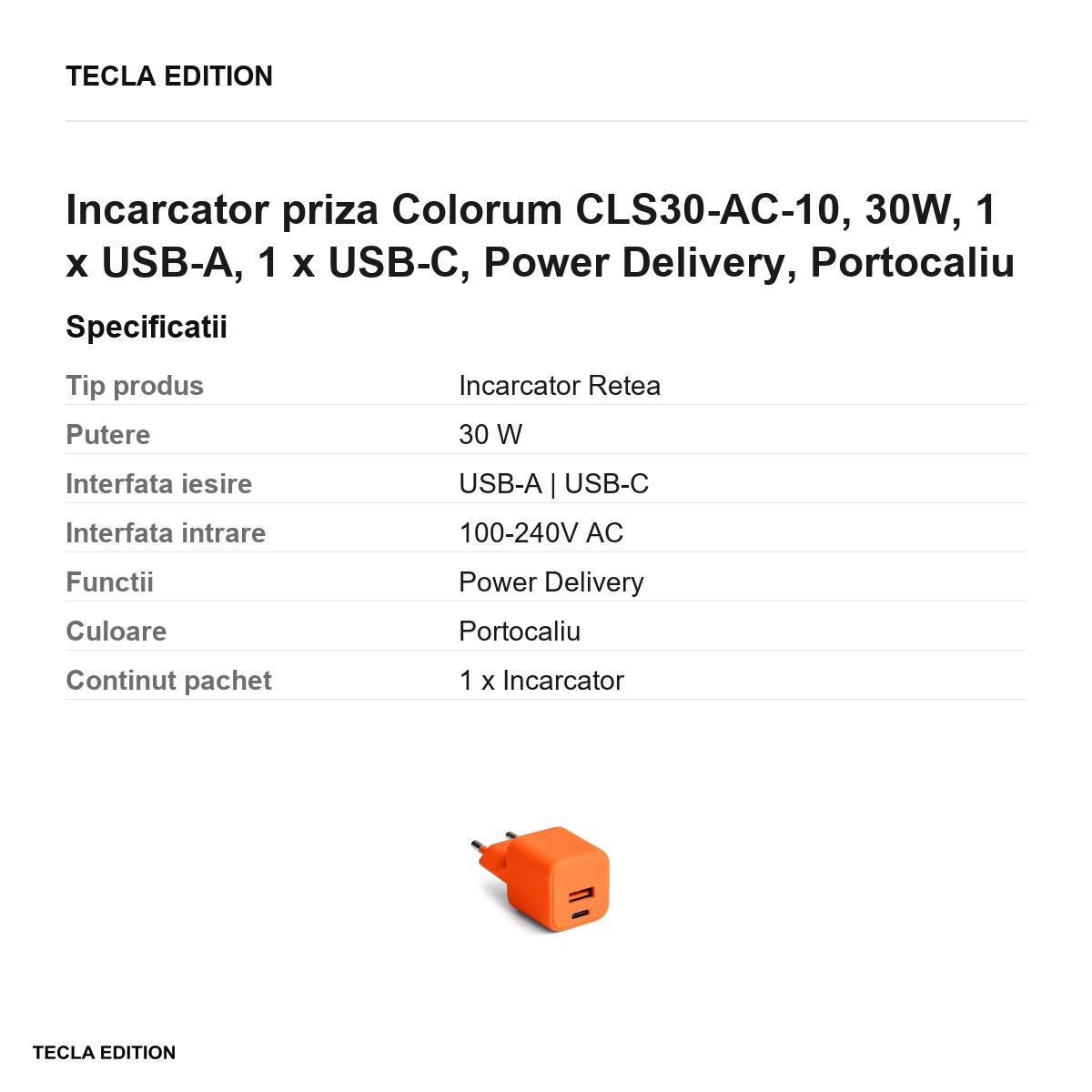 Incarcator priza Colorum CLS30-AC-10, 30W, 1 x USB-A, 1 x USB-C, Power Delivery, Portocaliu [3]