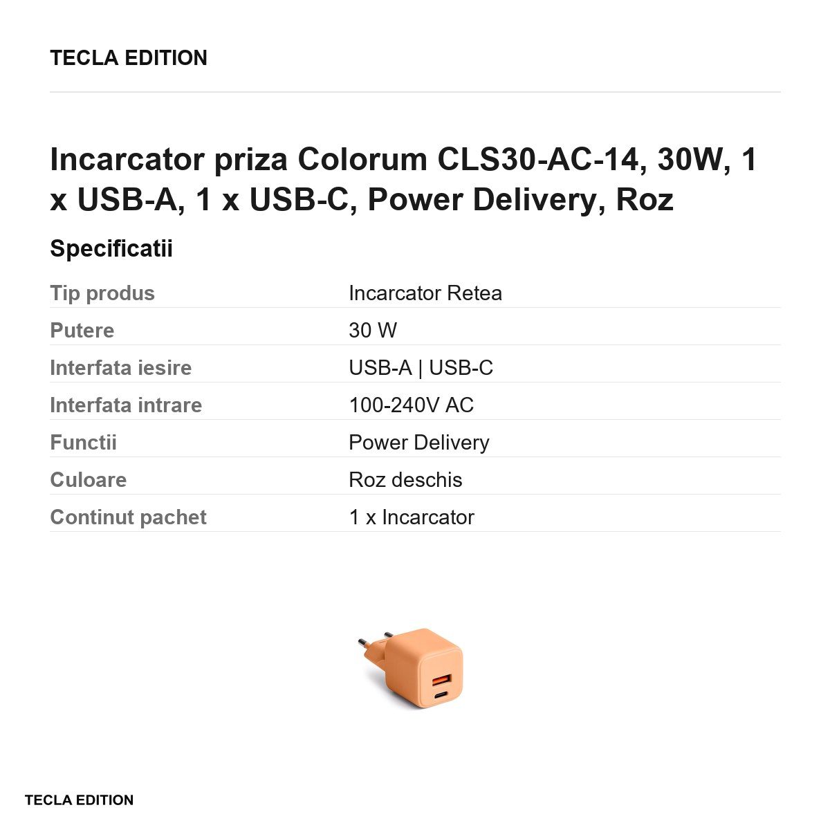 Incarcator priza Colorum CLS30-AC-14, 30W, 1 x USB-A, 1 x USB-C, Power Delivery, Roz deschis [3]