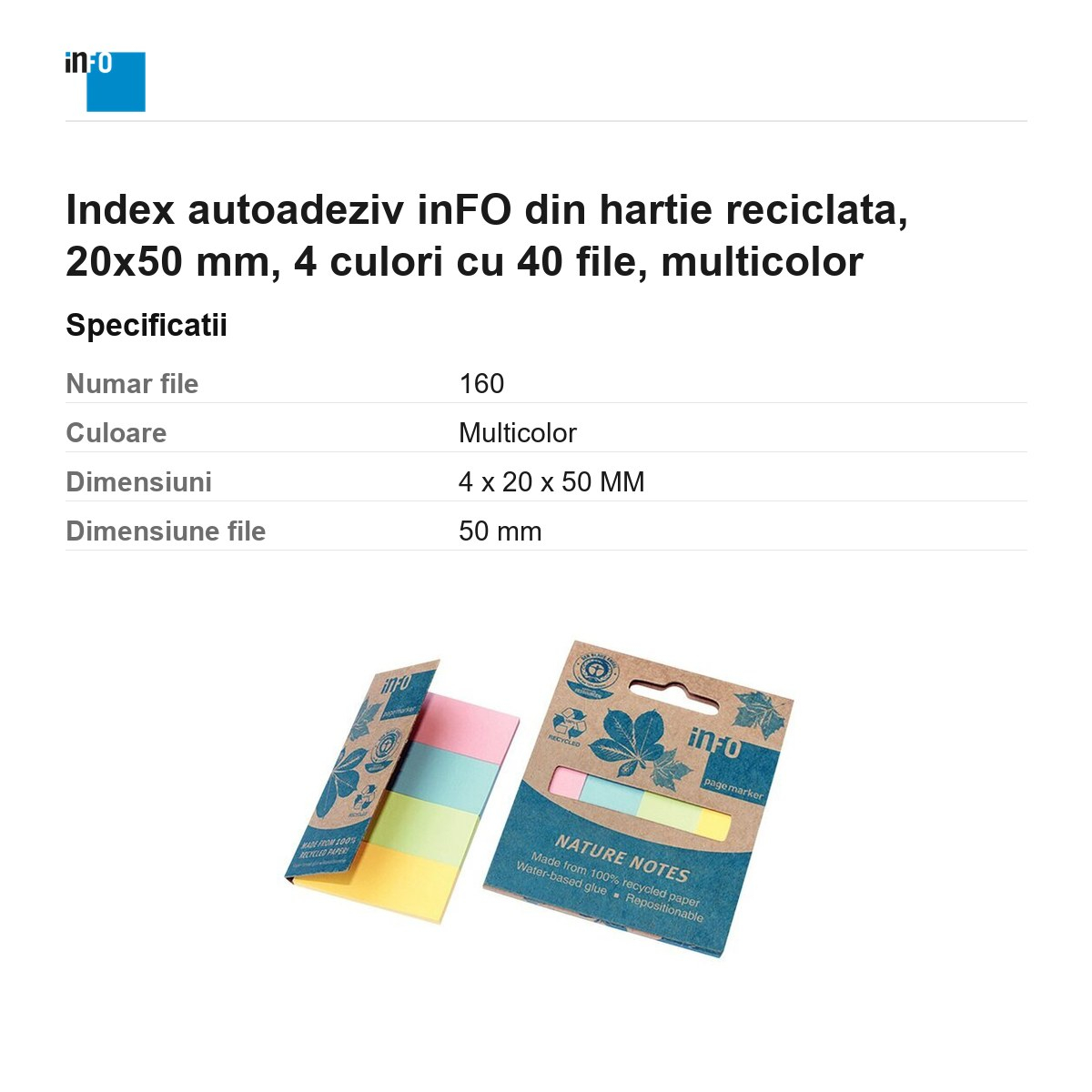 Index autoadeziv inFO din hartie reciclata, 20x50 mm, 4 culori cu 40 file, multicolor [3]