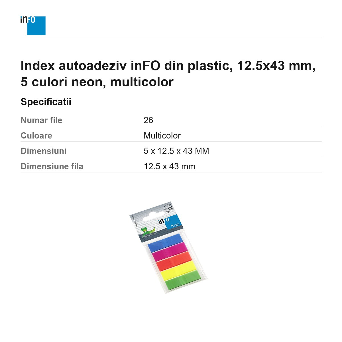 Index autoadeziv inFO din plastic, 12.5x43 mm, 5 culori neon, multicolor [3]