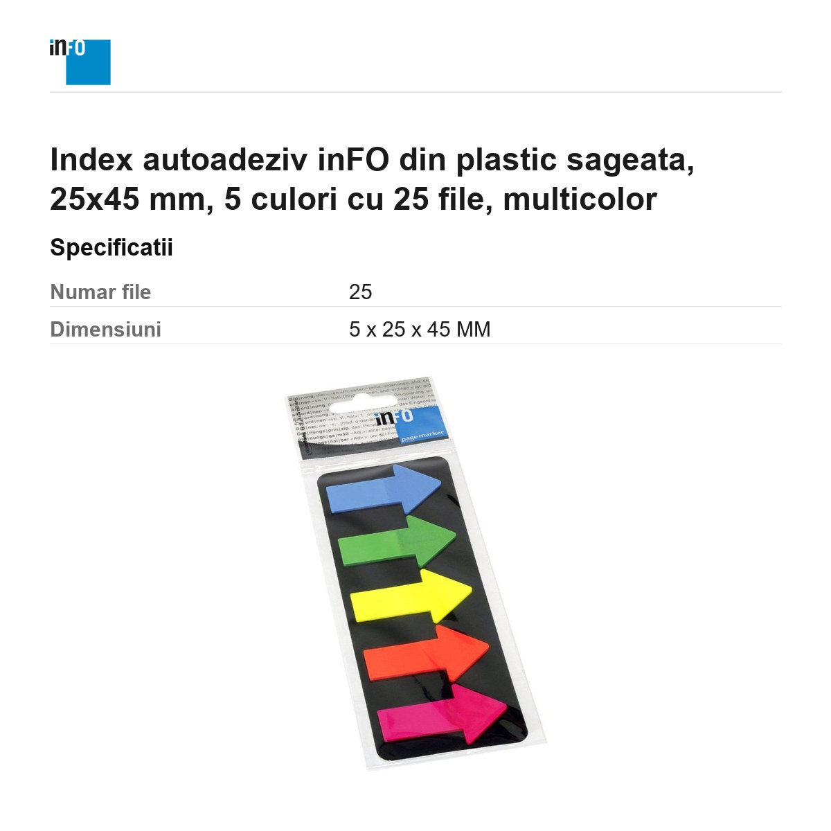 Index autoadeziv inFO din plastic sageata, 25x45 mm, 5 culori cu 25 file, multicolor [3]
