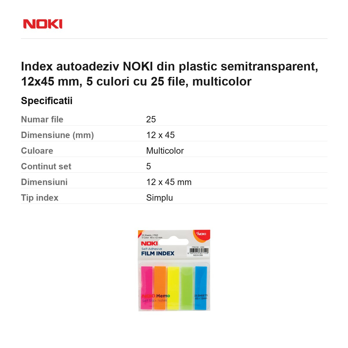 Index autoadeziv NOKI din plastic semitransparent, 12x45 mm, 5 culori cu 25 file, multicolor [3]