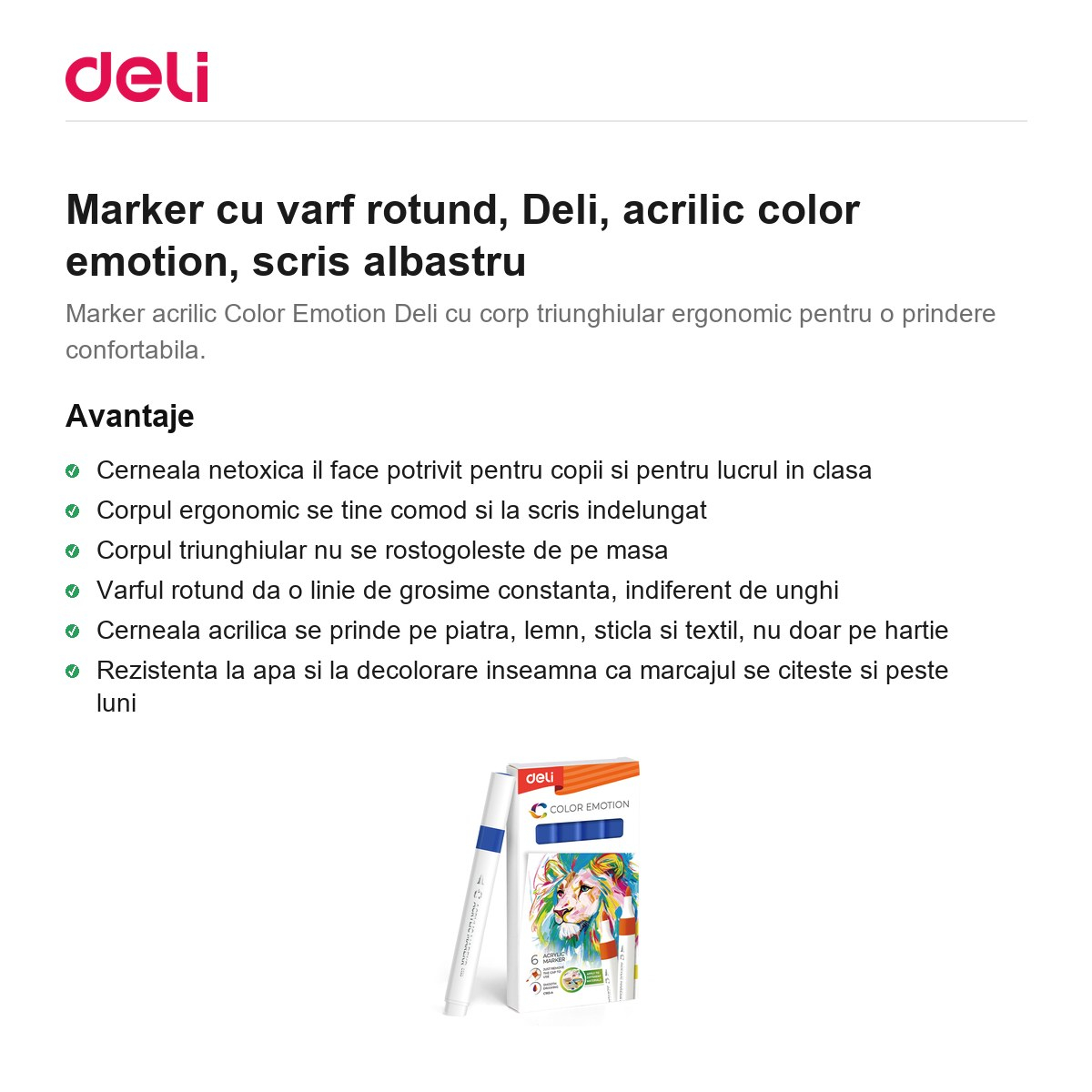 Marker cu varf rotund, Deli, acrilic color emotion, scris albastru [2]