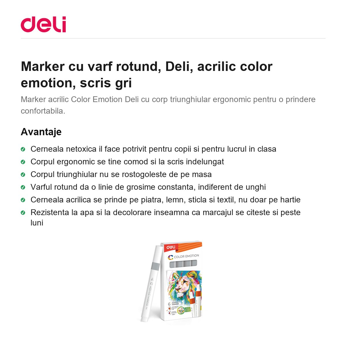 Marker cu varf rotund, Deli, acrilic color emotion, scris gri [2]