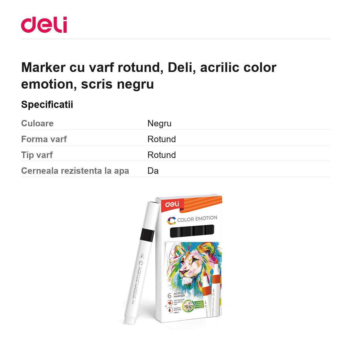 Marker cu varf rotund, Deli, acrilic color emotion, scris negru [3]