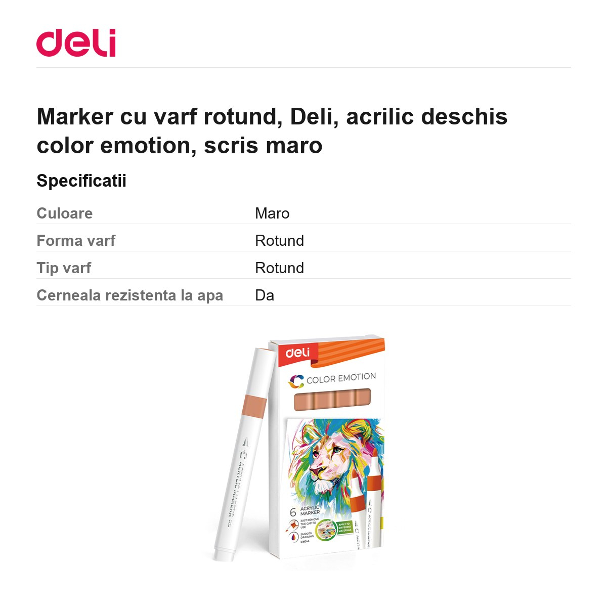 Marker cu varf rotund, Deli, acrilic deschis color emotion, scris maro [3]