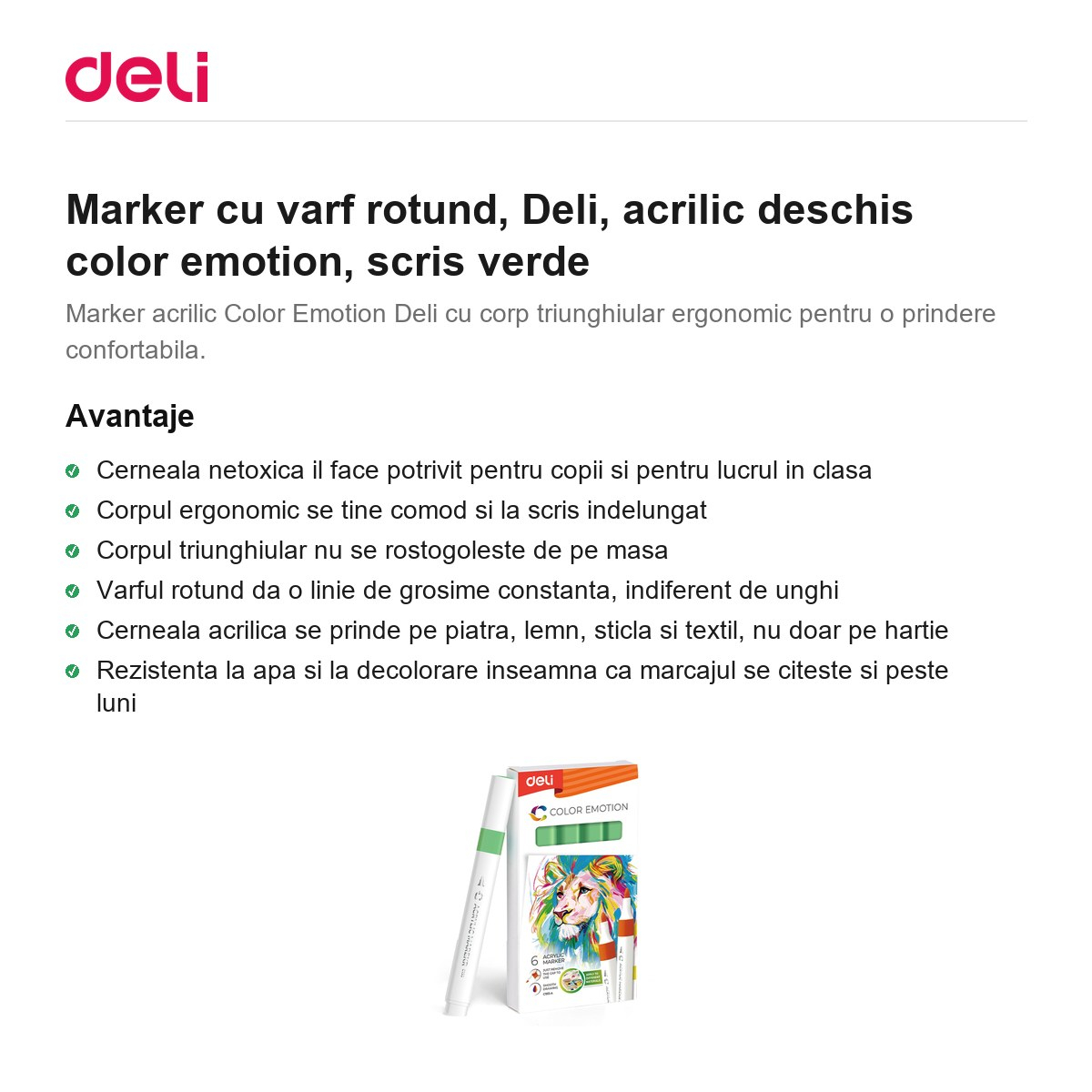 Marker cu varf rotund, Deli, acrilic deschis color emotion, scris verde [2]