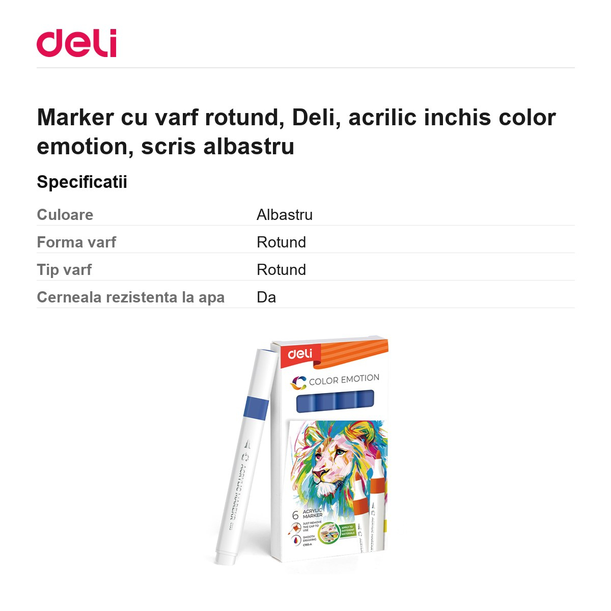 Marker cu varf rotund, Deli, acrilic inchis color emotion, scris albastru [3]